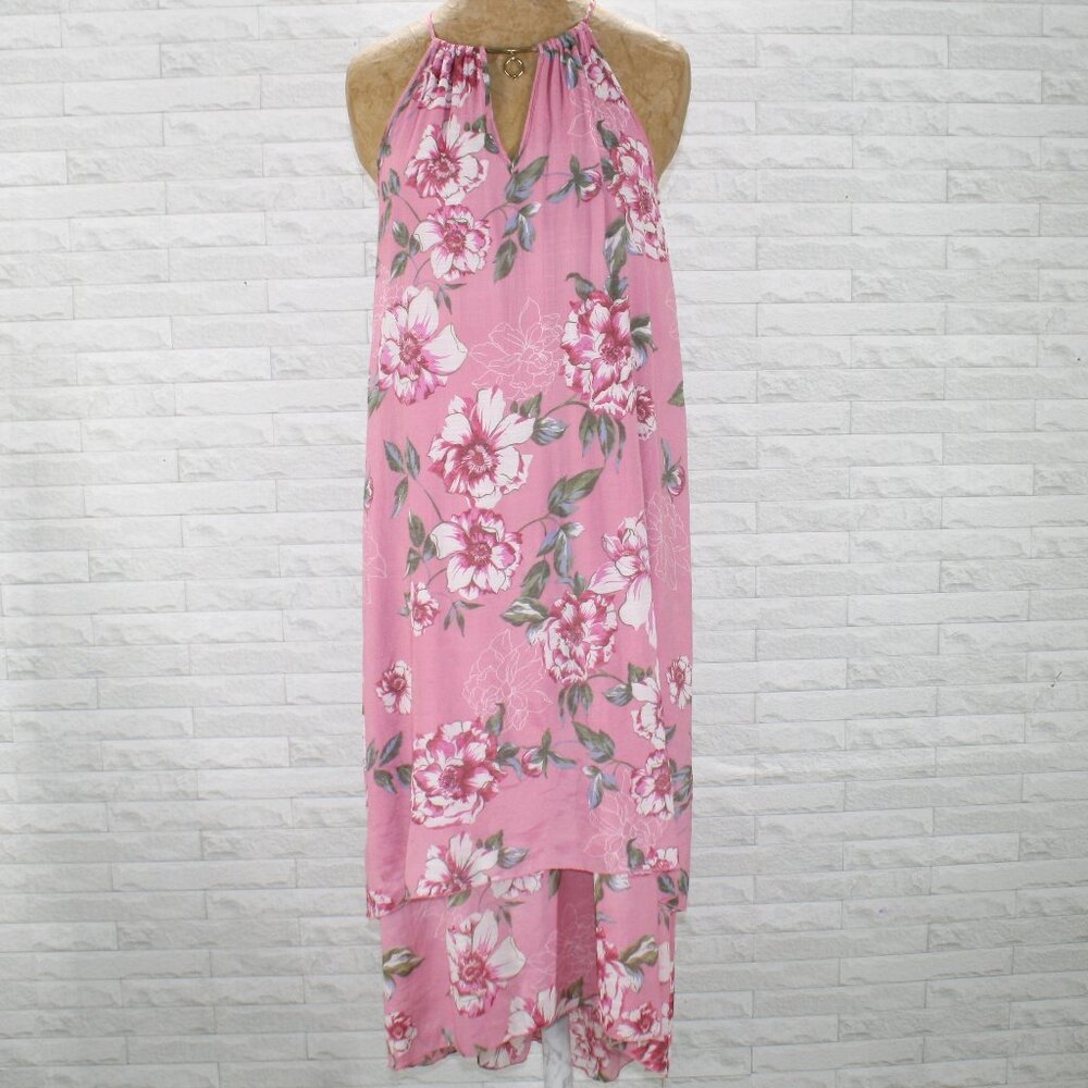 MLLE GABRIELLE Dress Floral Sleeveless Faux Wrap Keyhole Opening Pink Medium